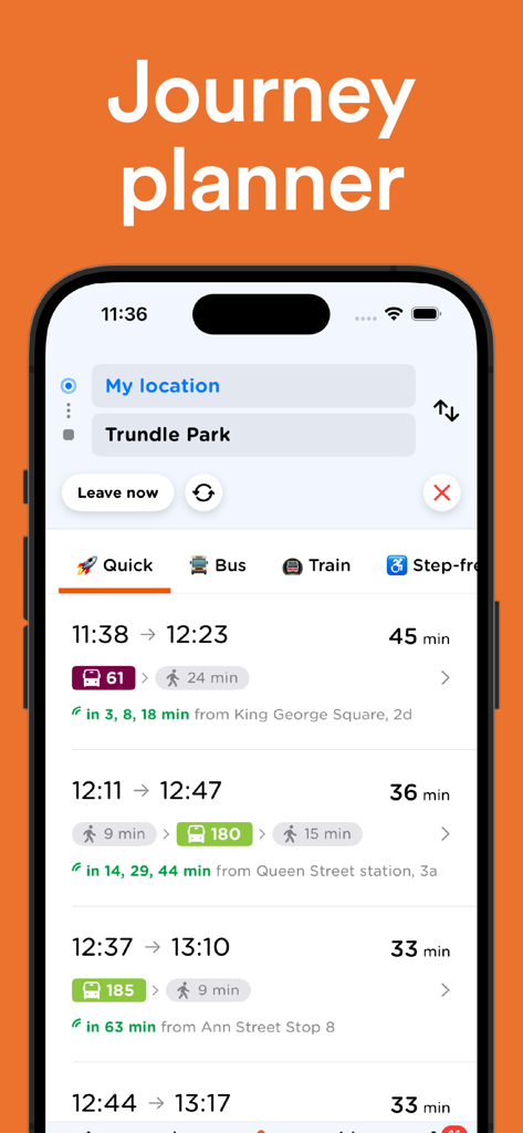 HopToIt: Oz Bus & Train Times - Écran du planificateur d'itinéraires de l'application HopToIt montrant les itinéraires de transport de l'emplacement actuel à Trundle Park avec les horaires de bus en direct.
