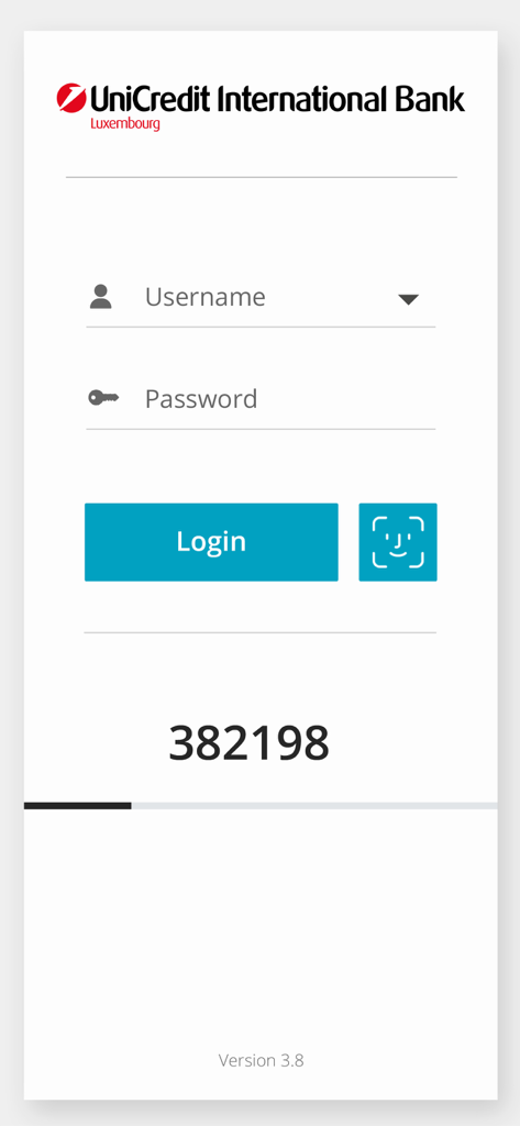 UCI Luxembourg eBanking app - UniCredit Luxembourg eBanking login screen showing username and password fields with biometric and security code authentication.