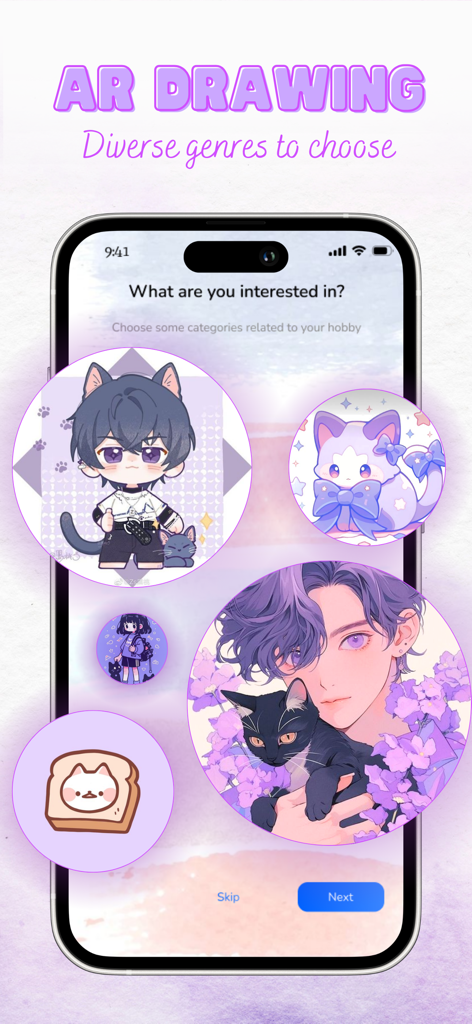 ARDrawing: Unleash Creativity - Interface of the ARDrawing app where users can select their favorite drawing genres and categories
