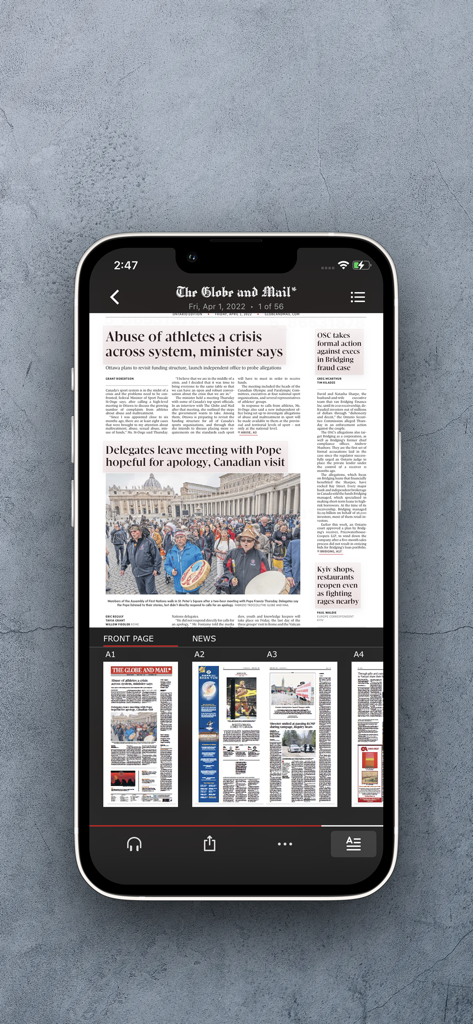 Smartphone screen showing the Globe2Go app with a digital replica of The Globe and Mail newspaper