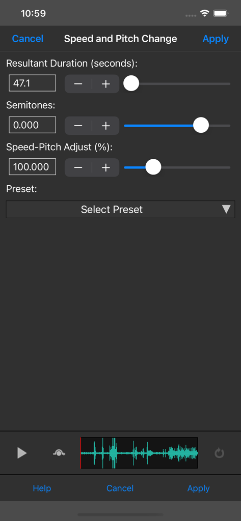 Express Mix Multitrack Mixer - Interface of Express Mix Multitrack Mixer showing speed and pitch change settings including semitones and duration controls