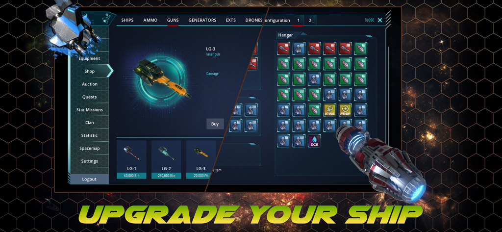 WarUniverse - Screenshot of the ship upgrade and equipment interface in WarUniverse featuring laser guns and ship parts
