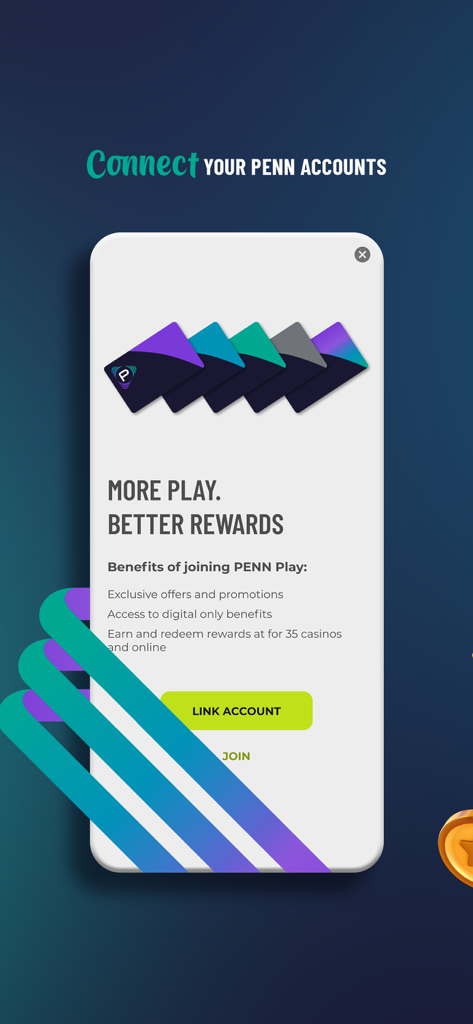 PENN Play Casino jackpot slots - Pantalla promocional para vincular cuentas de recompensas PENN Play para ganar beneficios de casino