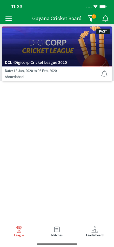 Guyana Cricket Board - GCB - Screenshot of the Guyana Cricket Board app's league section displaying the Digicorp Cricket League 2020.