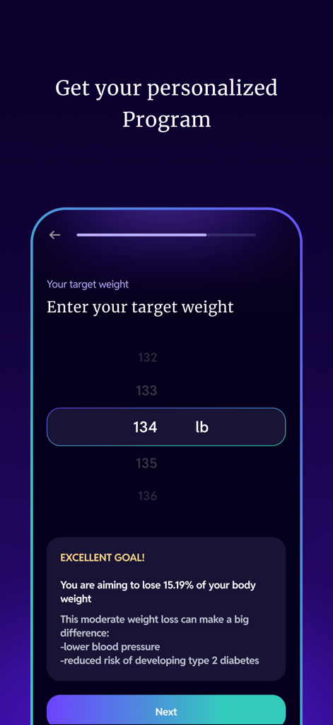 Kure: Healing Hypnosis - User interface of the Kure app showing a target weight selection screen for a personalized hypnosis program
