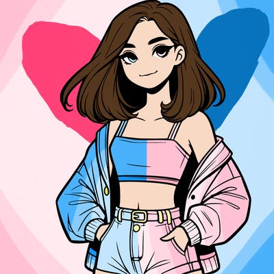 a realistic girl with a crop top and short shorts in an open jacket