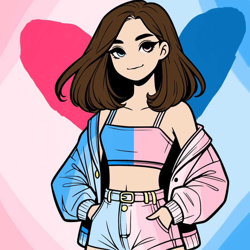 a realistic girl with a crop top and short shorts in an open jacket