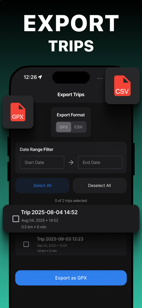 Pantalla de exportación de viajes que muestra opciones de formato GPX y CSV con filtros de rango de fechas y registros del historial de viajes