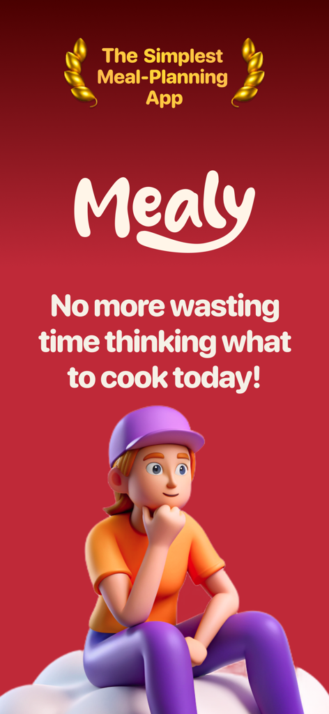 Weekly Meal Planner - Mealy - Werbebildschirm für Mealy mit dem Slogan der einfachsten Essensplanungs-App und einer Figur, die darüber nachdenkt, was sie kochen soll.
