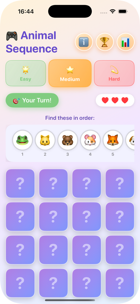 Mausaimae - Mausaimae app screenshot showing the animal sequence memory game with colorful icons and a 4x4 grid
