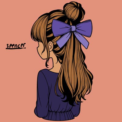 realistic girl  with hip length hair a bun and a big bow on the back of head