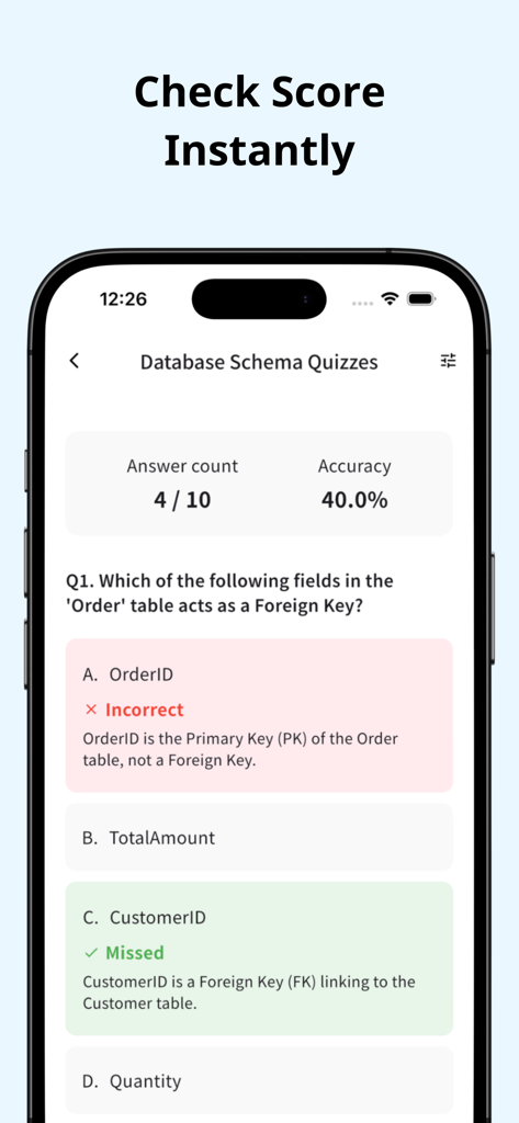 AI Quiz Generator - DeepStudy - DeepStudy app screen showing a database quiz question with instant score accuracy and detailed answer explanation.