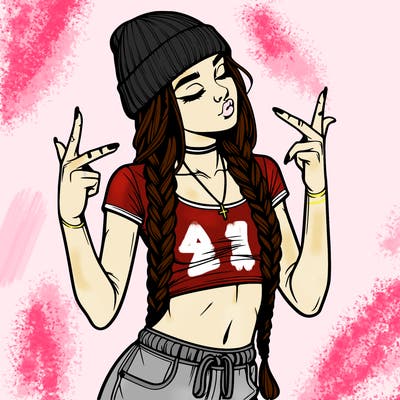 realistic teenage girl with braids and a beanie and crop top doing 🫶🏼