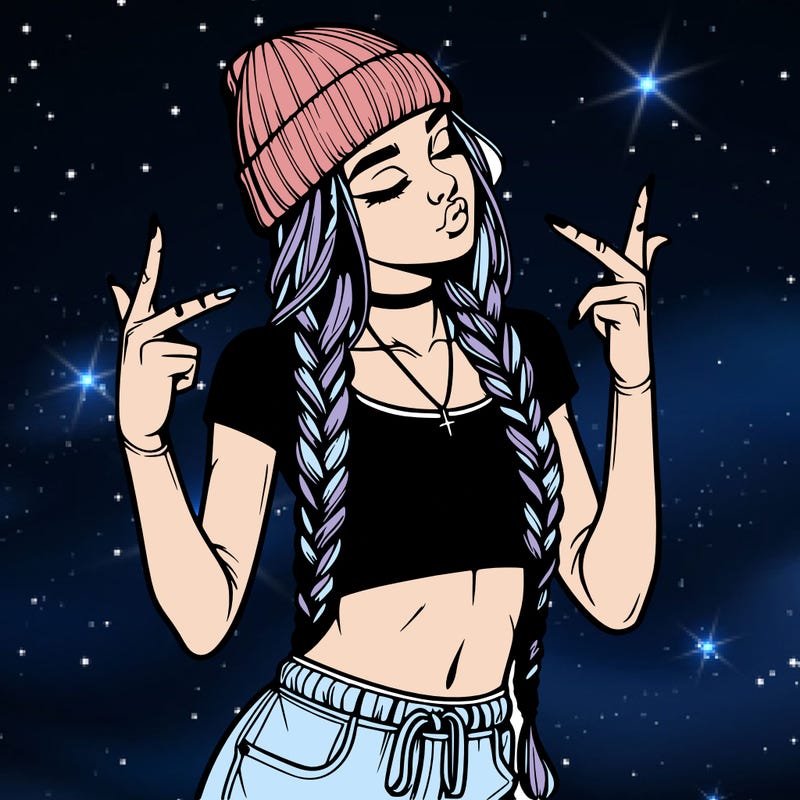 realistic teenage girl with braids and a beanie and crop top doing 🫶🏼