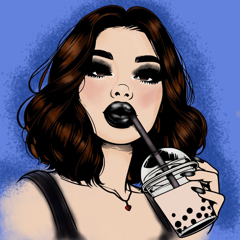 realistic girl with glossy lips holding boba