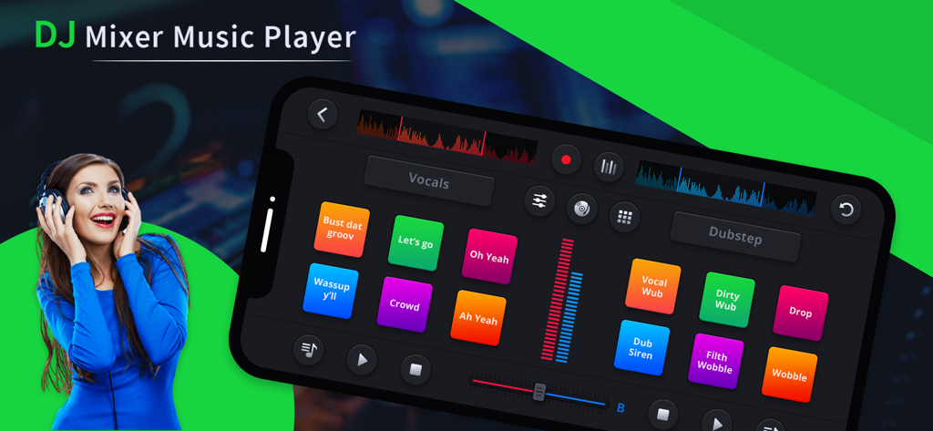 DJ Mixer - DJ Music Player - Interface d'application de mixeur DJ virtuel avec des pads sonores colorés et des formes d'onde audio