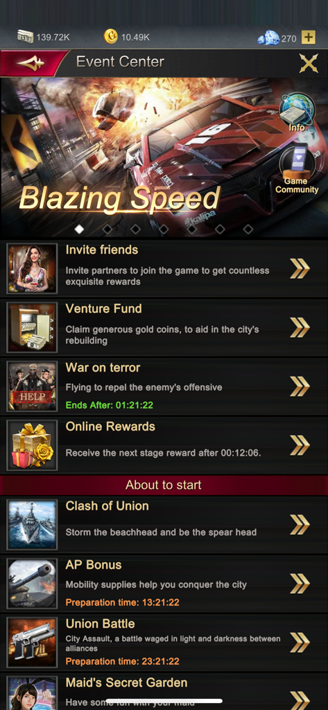 Legend City - The Event Center screen in Legend City showing active missions like Blazing Speed and upcoming union battles.