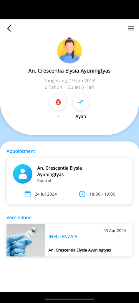 Mobile screen of KiTZ KiddieApps showing child profile with appointment and vaccination history