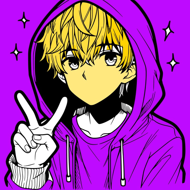 teenage manga boy in a hoodie, doing ✌