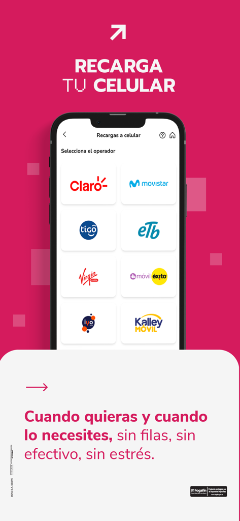 MOVii - Pantalla de la aplicación MOVii que muestra opciones para recargar teléfonos móviles de operadores colombianos como Claro, Movistar y Tigo
