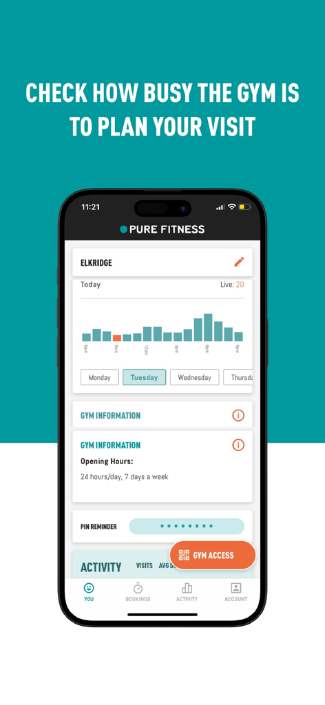 Pure Fitness US app interface displaying the live gym attendance tracker and opening hours.
