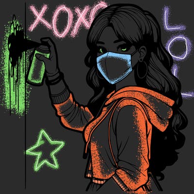 realistic girl with mask spray painting a wall