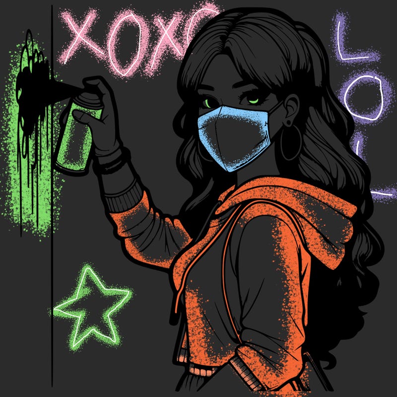 realistic girl with mask spray painting a wall