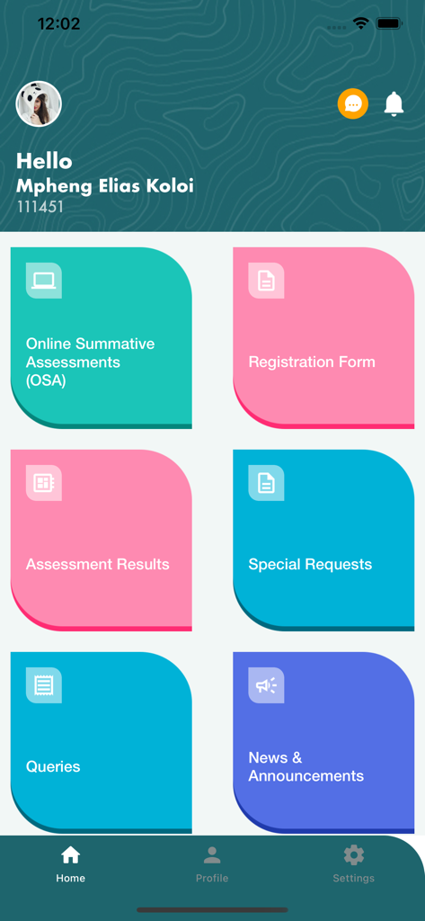 MANCOSA Student Comms - Home screen of the MANCOSA Student Comms app featuring a student dashboard with academic modules like assessments results and news