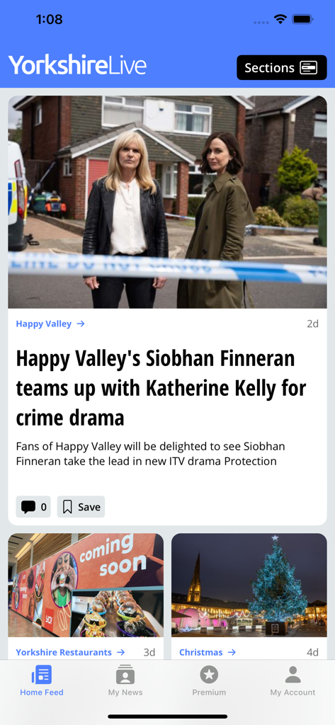 Yorkshire Live - Yorkshire Live news app home screen showing local articles and navigation