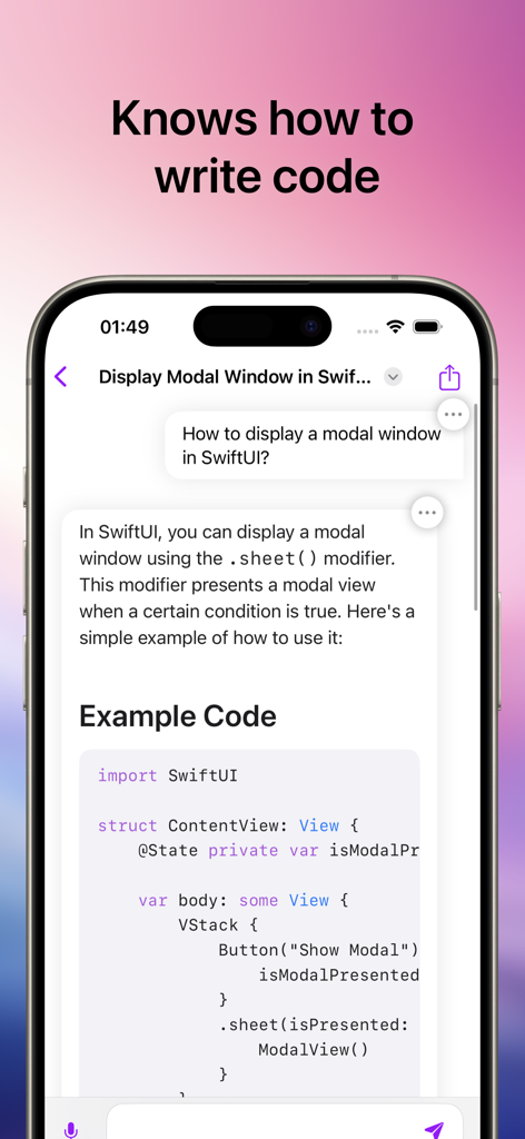 Pantalla del iPhone que muestra la aplicación Asistente Inteligente escribiendo código SwiftUI en una interfaz de chat.