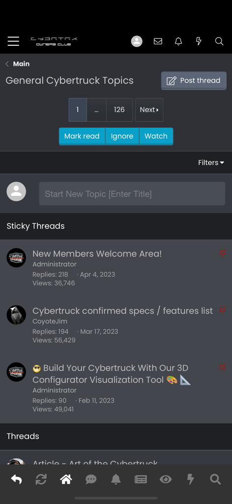 Cybertruck Owners Club - Interface do aplicativo Cybertruck Owners Club mostrando tópicos gerais do fórum e posts fixados