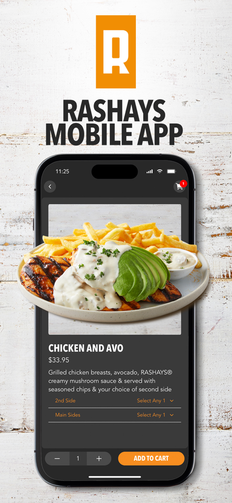 RASHAYS® - RASHAYS mobile app interface showing chicken and avocado meal ordering page