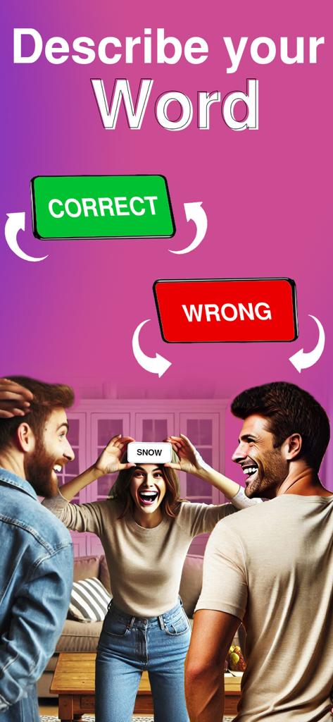 A group of friends playing a heads-up style charades game with correct and wrong tilting instructions