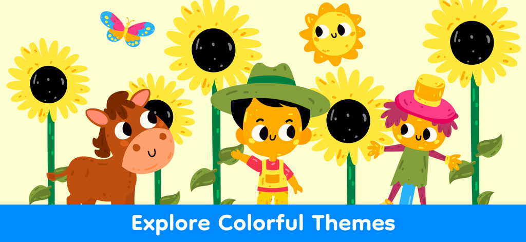 Cartoon-Bauernhofszene mit Sonnenblumen, einem Pferd und einem Jungen für sensorisches Spiel für Kleinkinder