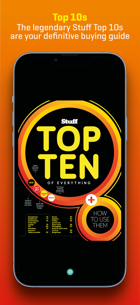 Stuff Magazine app screenshot showing the Top Ten of Everything gadget buying guide.