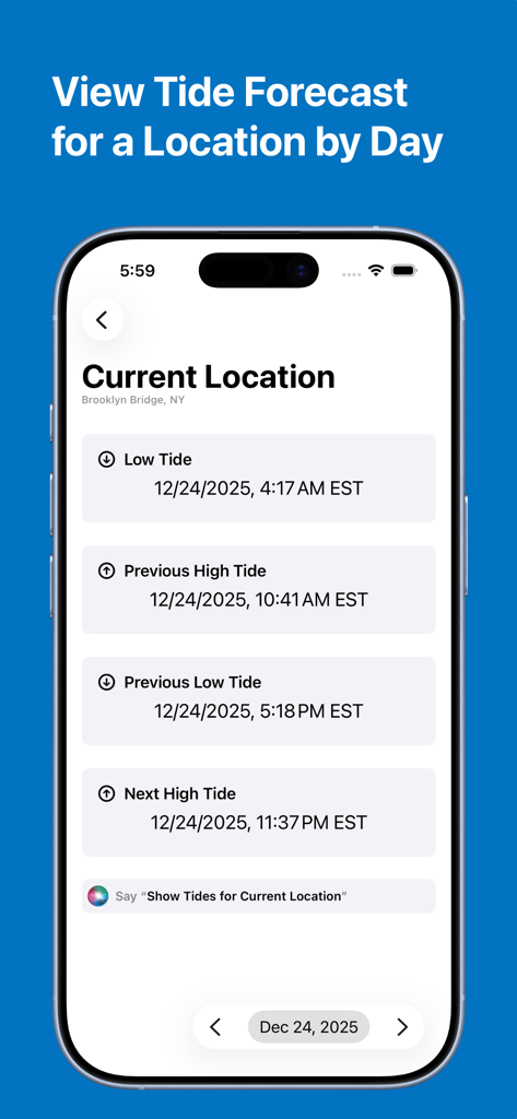 Tides - high and low tide info - Interfaz de la aplicación Mareas que muestra el pronóstico diario de mareas altas y bajas para el Puente de Brooklyn