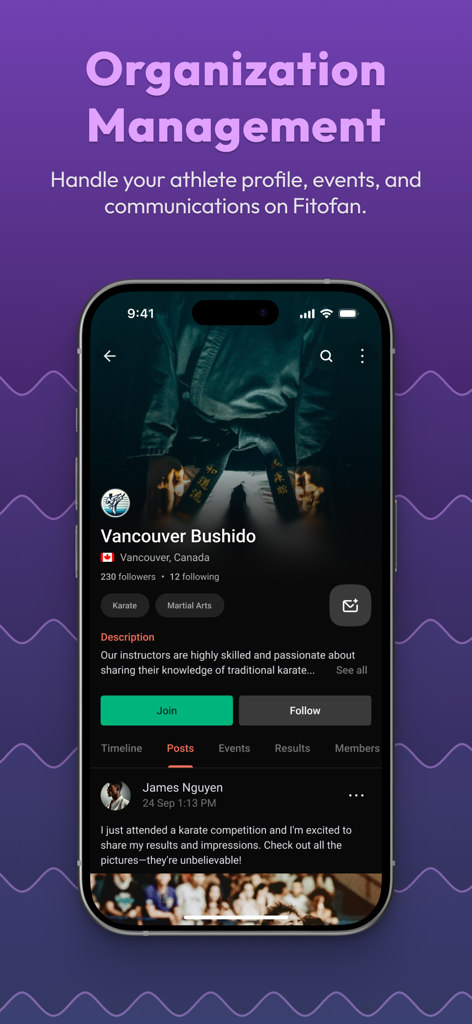 Fitofan - Fitofanアプリの画面。組織管理と格闘技クラブのプロフィールが表示されています。