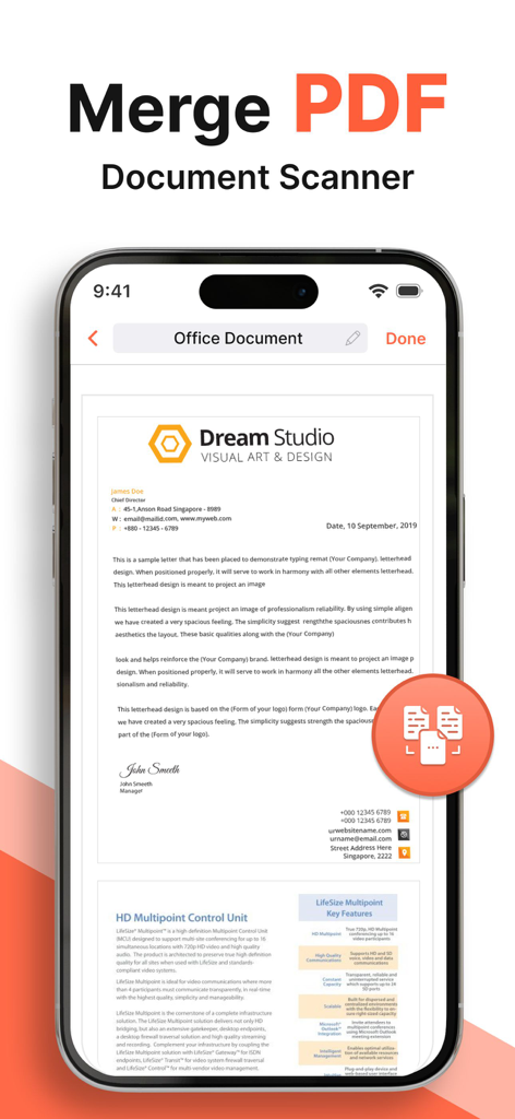 Interfaccia dell'app Image to PDF che mostra le funzioni Merge PDF e Document Scanner con un'anteprima di carta intestata aziendale
