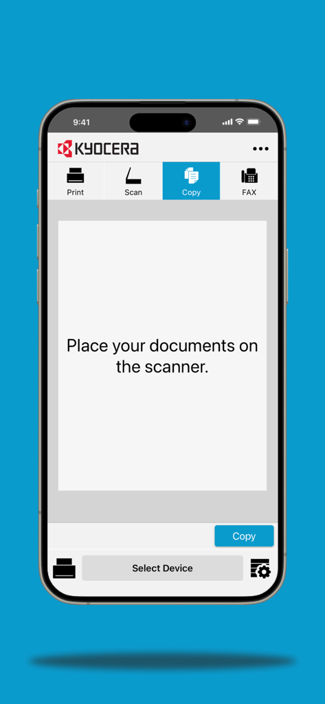 Kyocera Mobile Print app showing the copy screen interface on an iPhone