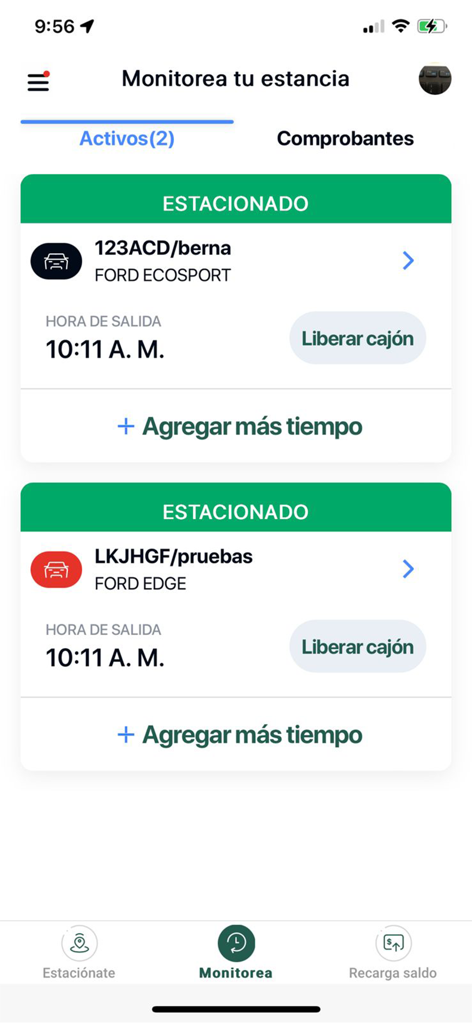 Estacionamiento Digital - Active parking monitoring screen in the Estacionamiento Digital app showing two parked cars and options to add more time