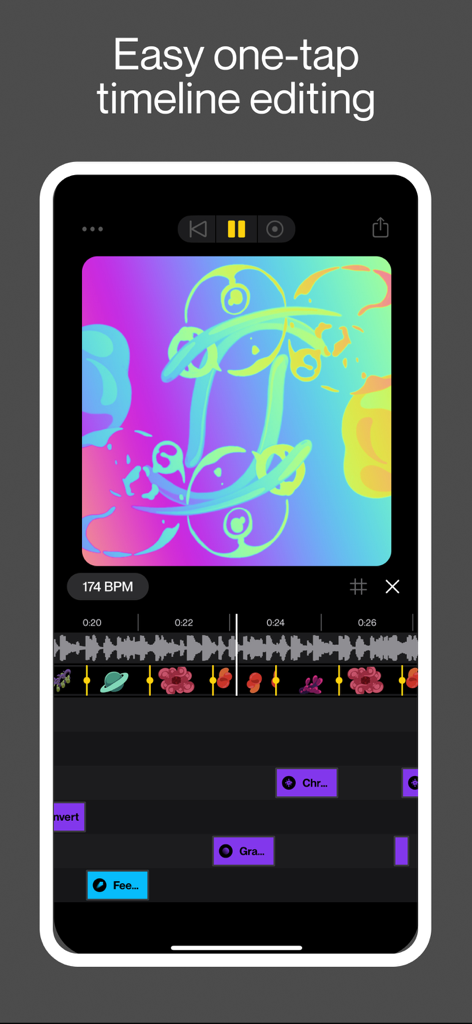 Spool - Music Video Editor - Interfaz de la app Spool mostrando edición de línea de tiempo de videoclips musicales con un toque, con visuales coloridos y sincronización de BPM