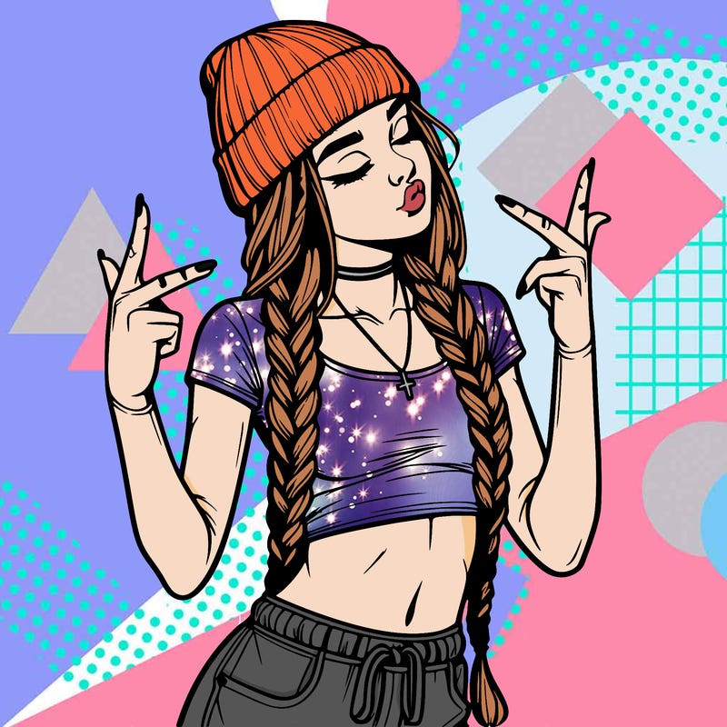 realistic teenage girl with braids and a beanie and crop top doing 🫶🏼