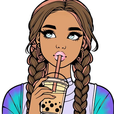 realistic girl with braided hair drinking boba
