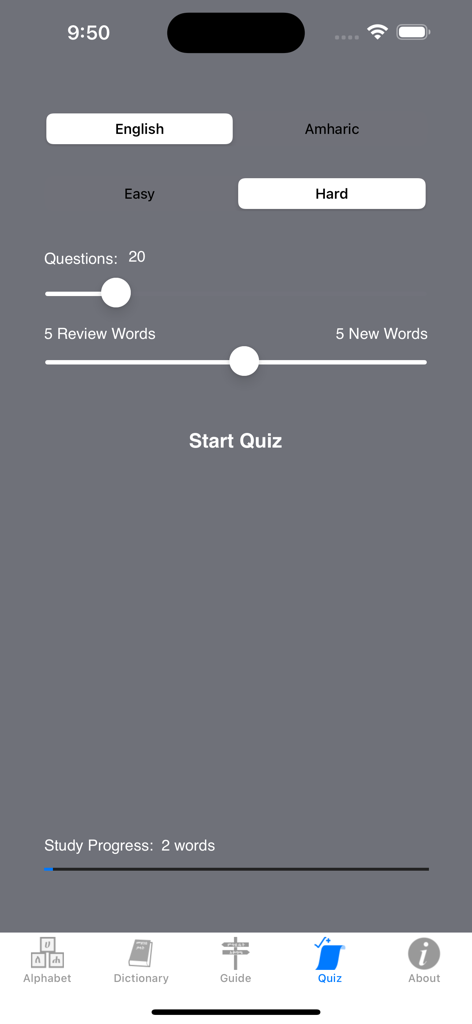 Amharic Pocket Guide - Tela de configuração de questionário no aplicativo Guia de Bolso Amárico com seletores de idioma, nível de dificuldade e número de perguntas