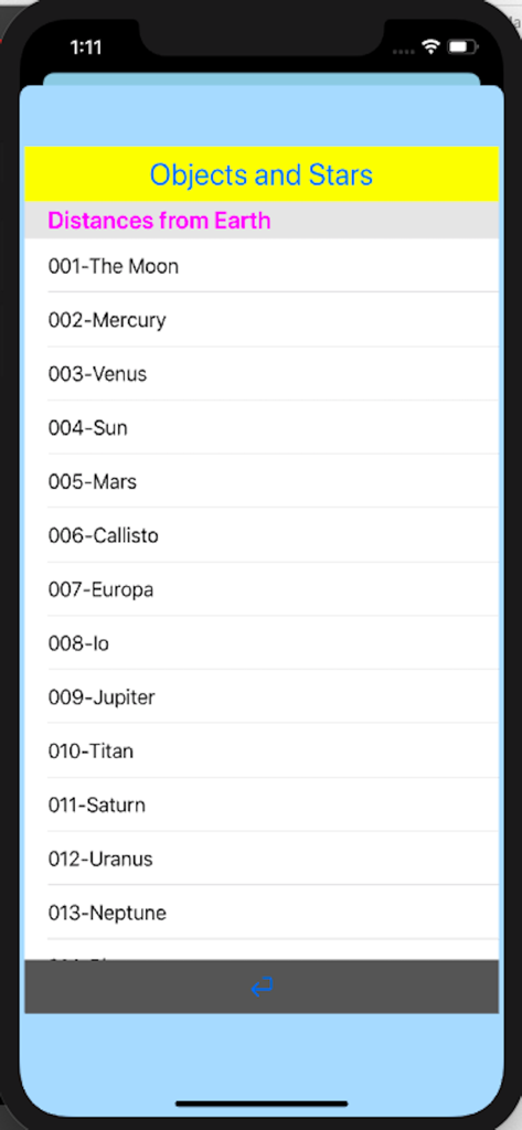 A menu listing celestial objects and stars showing their distances from Earth.