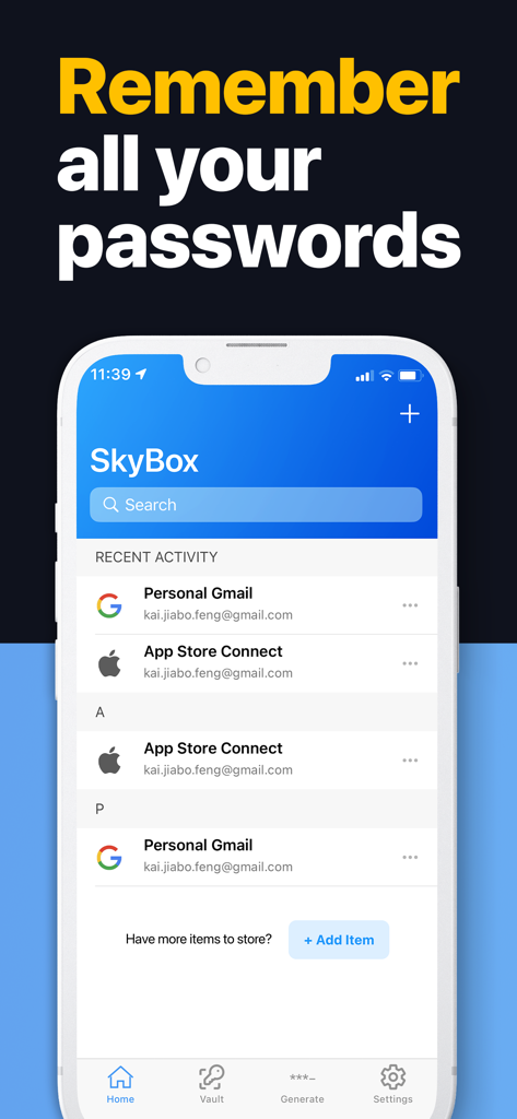 Password Manager App - SkyBox - Interfaz de la aplicación SkyBox mostrando una lista de contraseñas guardadas y actividad reciente