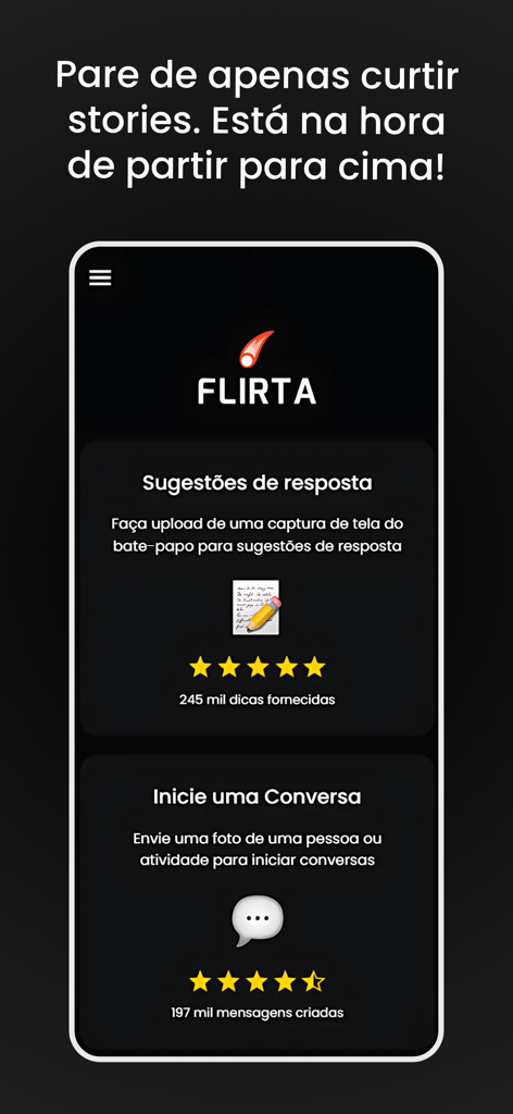 Flirta - Assistente de Paquera - Interface do aplicativo Flirta mostrando sugestões de respostas com IA e iniciadores de conversa