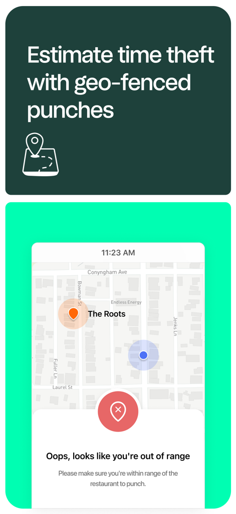 7punches app interface showing a geofencing out of range notification for employee time clocking