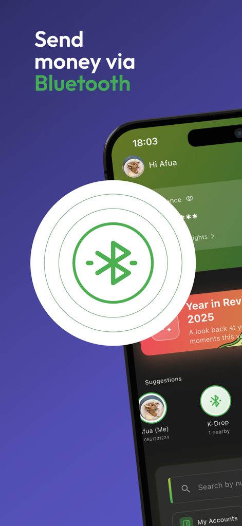 KOWRI - Kowri app interface showing the send money via Bluetooth feature