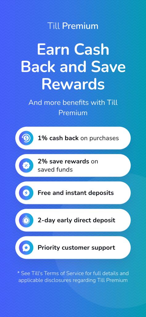 Till: Kids & Teen Banking - Till Premium app screen listing cash back and savings rewards benefits